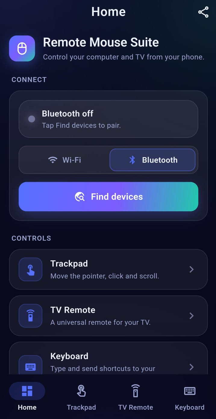 Remote Mouse Suite home screen